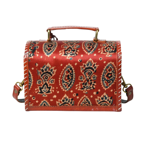 Rust Red Patterned Leather Top-Handle Bag