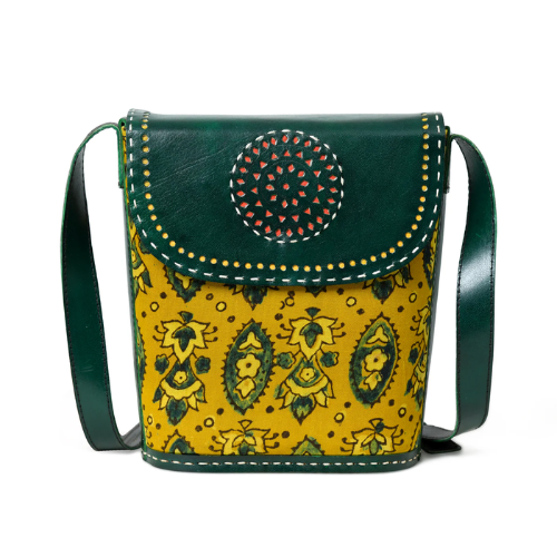 Green & Mustard Patterned Leather Crossbody Bag