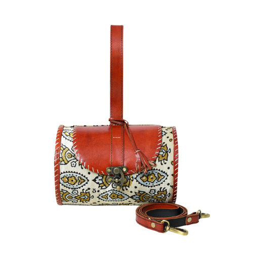 Rustic Patterned Leather Barrel Bag