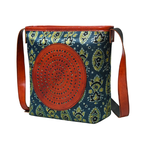 Rust-Trimmed Patterned Leather Tote Bag