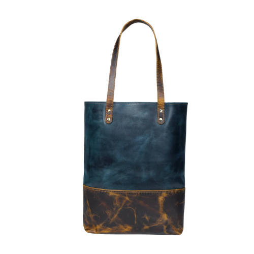 Two-Tone Blue & Brown Leather Tote Bag
