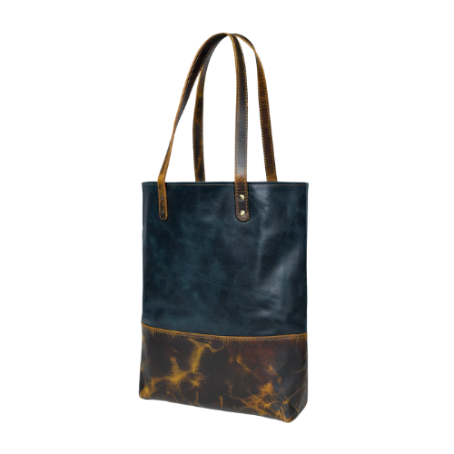 Two-Tone Blue & Brown Leather Tote Bag