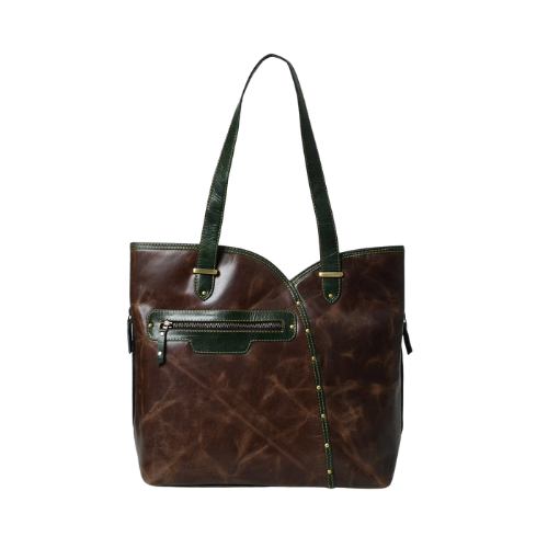 Chestnut Verde Leather Tote – Bold Contrast Carryall
