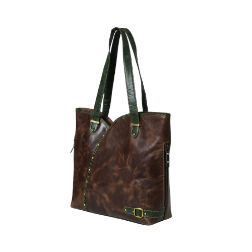 Chestnut Verde Leather Tote – Bold Contrast Carryall